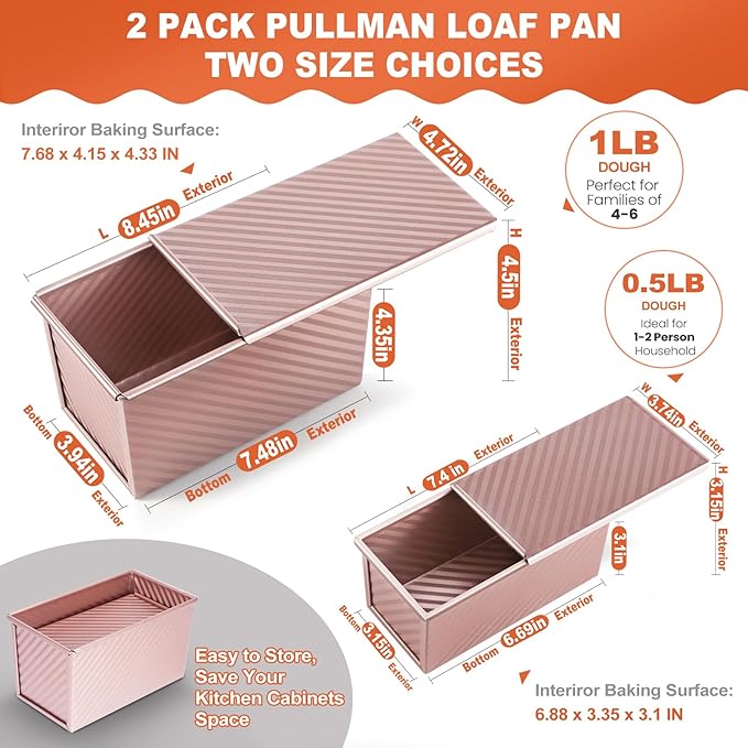 2 Pack Pullman Loaf Pan with Lid, 1 lb/0.5 lb Dough Capacity, Premium Non-Stick Sandwich Bread Loaf Pan with Lid, Carbon Steel Corrugated Bread Toast Box Mold with Cover for Baking