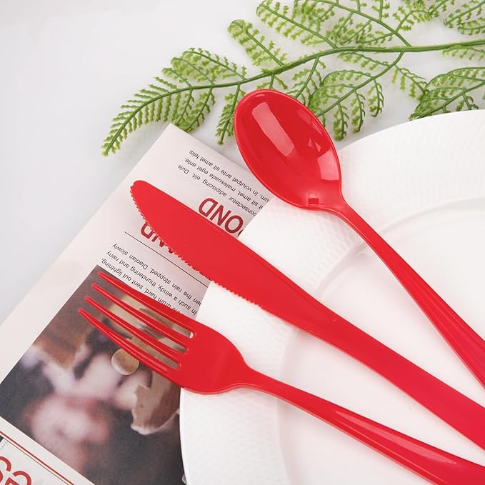 WDF 160 Piece Red Plastic Silverware - Heavy Duty Christmas Silverware of 80 Forks, 40 Spoons, 40 Knives - Red Plastic Utensils Perfect for Party Daily Baby Shower Wedding Spring
