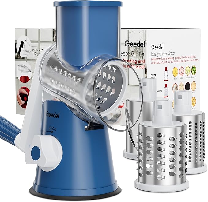 Geedel Rotary Cheese Grater, Kitchen Mandoline Vegetable Slicer with 3 Interchangeable Blades, Easy to Clean Rotary Grater Slicer for Fruit, Vegetables, Nuts