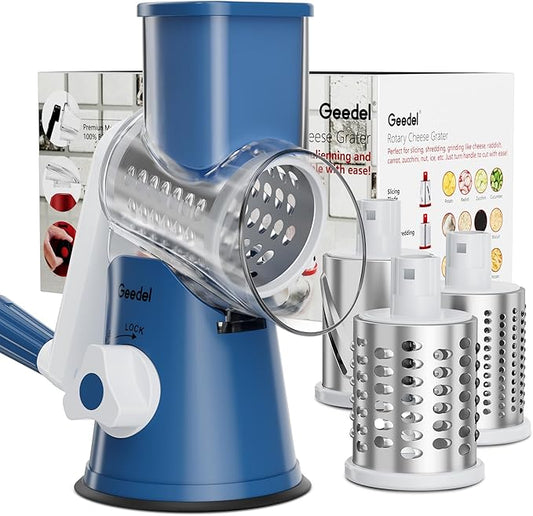 Geedel Rotary Cheese Grater, Kitchen Mandoline Vegetable Slicer with 3 Interchangeable Blades, Easy to Clean Rotary Grater Slicer for Fruit, Vegetables, Nuts