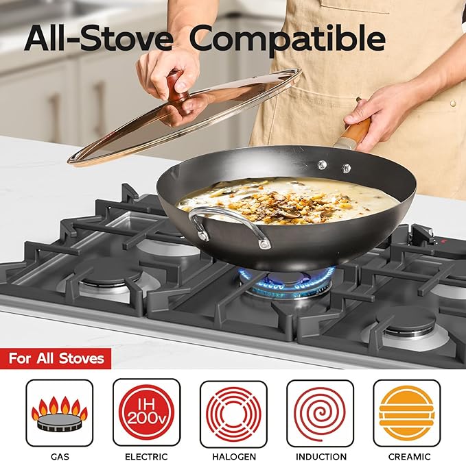 WANGYUANJI 14.2" Heavy Duty Carbon Steel Wok (Seasoning Required), Extra Large Refined Iron Stir Fry Pan for 4-6 People, Uncoated Flat Bottom Induction Wok
