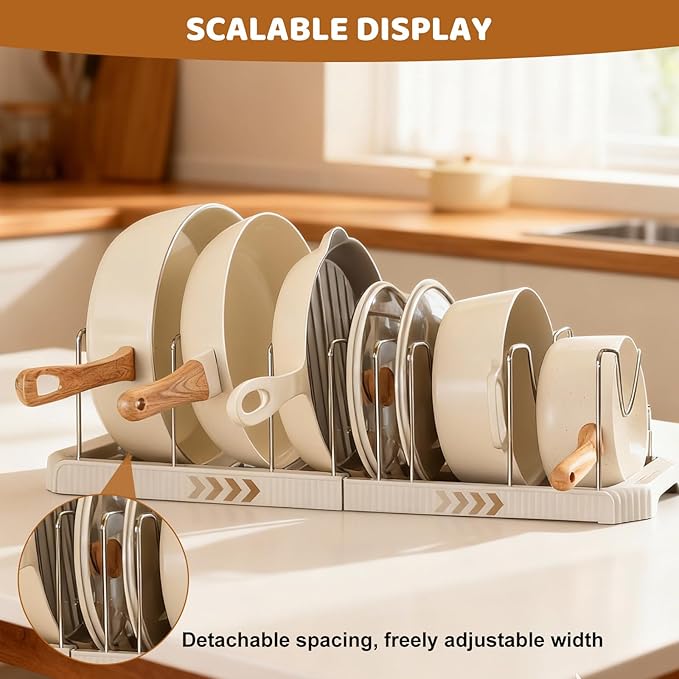 Pots and Pans Organizer Under Cabinet, 7-Slot Expandable Pot Rack Organizer with Cup Brush, Kitchen Pots and Pans Organizer for Cookware, Lids, Bakeware, Cutting Boards Tool-Free Installation (White)