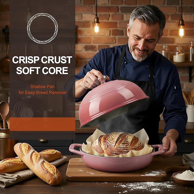 Overmont Enameled Cast Iron Bread Oven - 6QT Bread Dutch Oven for Sourdough Bread Baking - Bread Pot with Dome Lid Cotton Potholders & Cookbook - Multi-Functional Bread Pan For Baking Frying Roasting