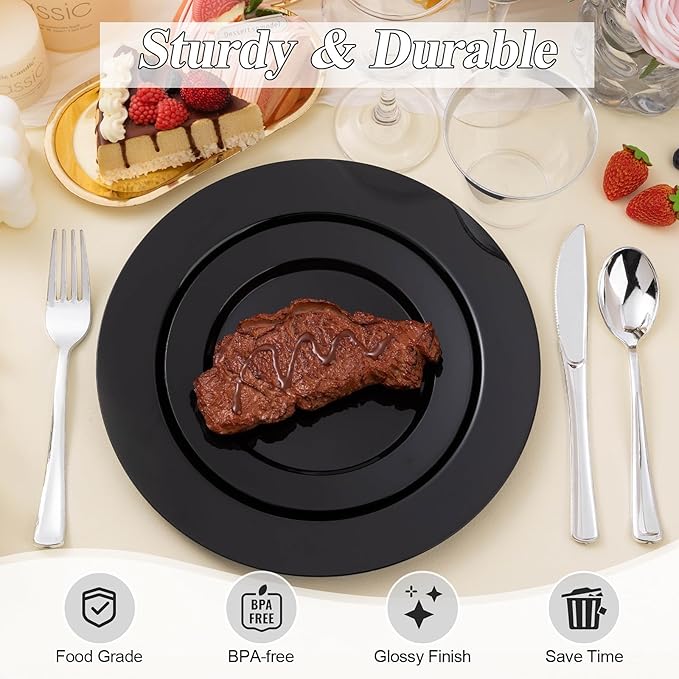 BESTSTAR 200PCS Black Plastic Plates Set, 100 10.25 inch Dinner Plates and 100 7.5 inch Dessert Plates, Premium Disposable Plates for Party, Wedding