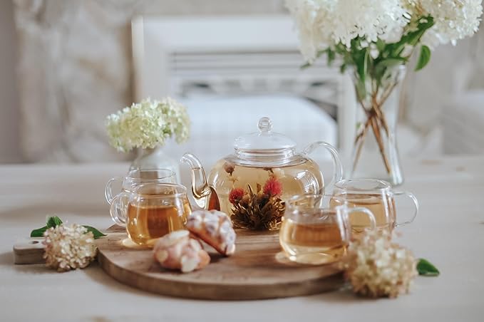 Teabloom Set of Two Premium Borosilicate Glass Tea Cups - 7 oz / 207 ml - Lead-Free, Stain-free and Microwave Safe - Blossoms Collection