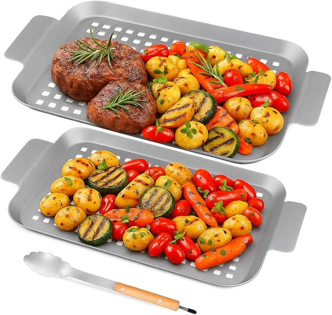 Grill Basket Pan, 2 Pack Grill Pans for Outdoor Grill, Stainless Grilling Food Tray with Grill Tong,BBQ Grilling Baskets Barbecue Accessories for Vegetables, Fish, Meat, and Seafood