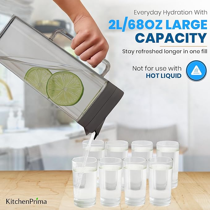 SlimFit 2 Quart (2 Liter) pitcher with lid - Water jug for fridge door - Leakproof 64oz plastic pitcher with lid - Drink Container for Juice, Iced Tea, Coffee, BPA-Free Plastic, Black