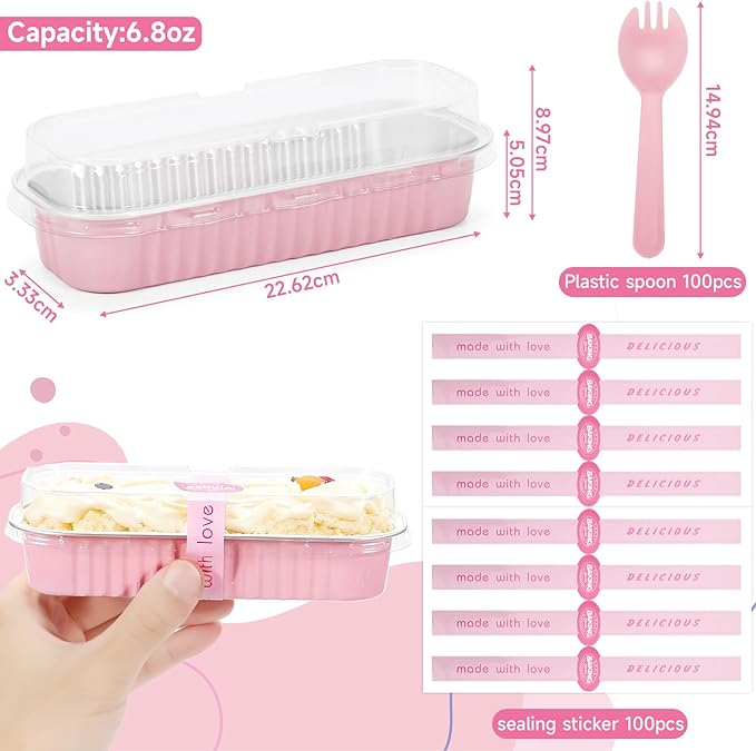 6.8oz Mini Loaf Pans with Lids, 100 Pcs Disposable Rectangular Aluminum Cake Pans, Pink Baking Pans with Lids and Spoons, Includes 20 Pink Gift Bags, Small Cake Tins Ideal for Cakes