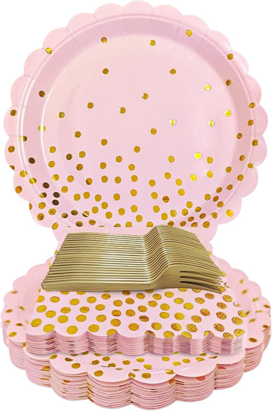 Pink and Gold Paper Plates and Napkins,7 Inch Pink and Gold Scalloped Disposable Dessert Plates Paper Napkin Fork Party Supplies for Wedding Baby Shower Birthday(25 Guest)