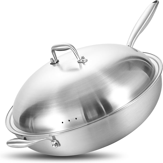 LOLYKITCH 14.5 Inch Stir-Frying Wok Pan with Steel Lid, Tri-Ply Stainless Steel Induction Cooking Wok Pan,Dishwasher and Oven Safe,Heavy Duty and Detachable Handle.