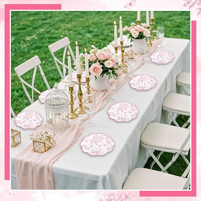 30 Pcs Pink Floral Paper Plates, 7 inch Tea Party Plates Vintage Flower Toile Plate Pink and White Dessert Plate Disposable for Easter Baby Bridal Shower Mother's Day Birthday