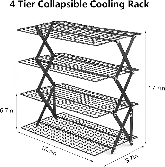4 Tier Collapsible Cooling Rack, Adjustable 3 Setting Stackable Foldable Wire Rack for Baking Cooking Roasting Drying Cookies Cakes Muffins, Space Saving Baking Gift
