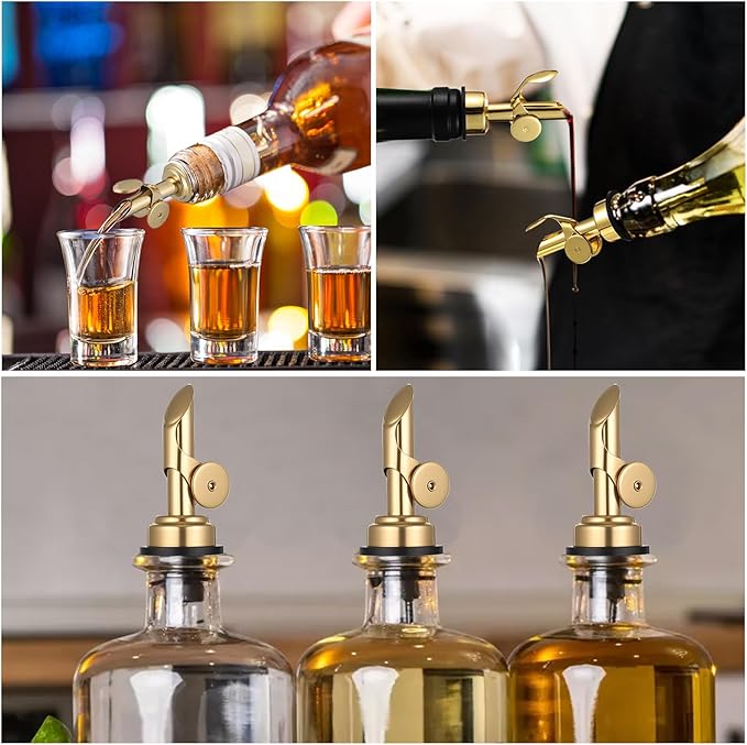 4 PCS Olive Oil Spout, Oil Spout for Olive Oil Bottle, Stainless Steel Self Closing Bottle Pourers, Weighted Oil Dispenser with Funnel and Brush for Wine, Vinegar, Syrup, Kitchen and Bar