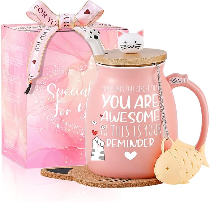 BigNoseDeer Thank You Gifts for Women Cute Cat Coffee Mug Birthday Friendship Christmas Gift for Women Female Mom Cat Lovers Present Kawaii Stuff Funny Tea Cup Stocking Stuffers White Elephant Gifts