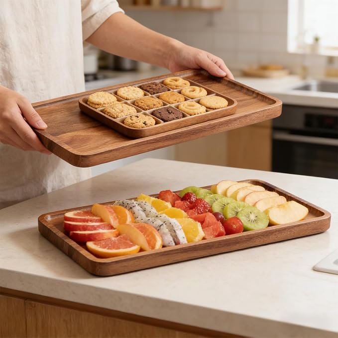 2 Pack Acacia Wood Serving Tray,13.8x7.9 Inch Decorative Trays Platter for Coffee Table,Living Room,Bar,Party,Mini Charcuterie Boards Cheese Board,Home Decor
