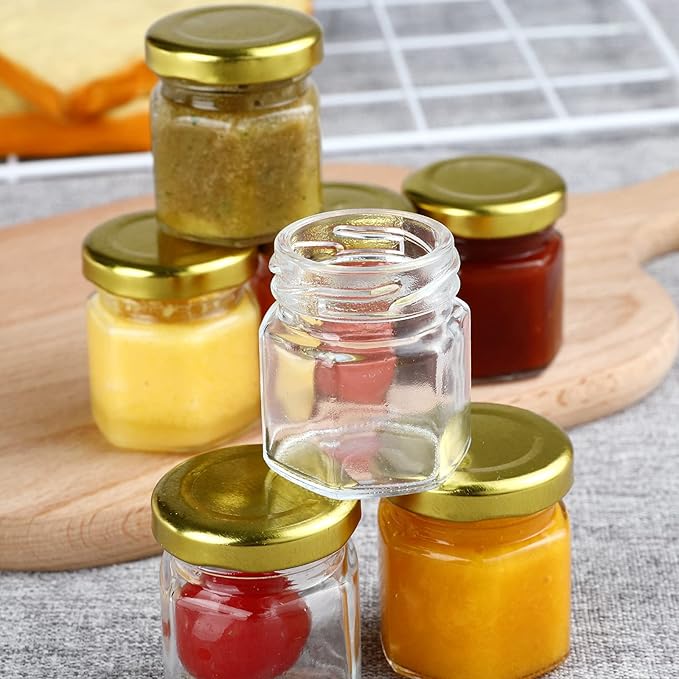 48 Pack 1.5oz Hexagon Glass Jars with Gold Lids, Mini Honey Jars, Small Spice Jars, Jam Jars for Gifts and Wedding Favors
