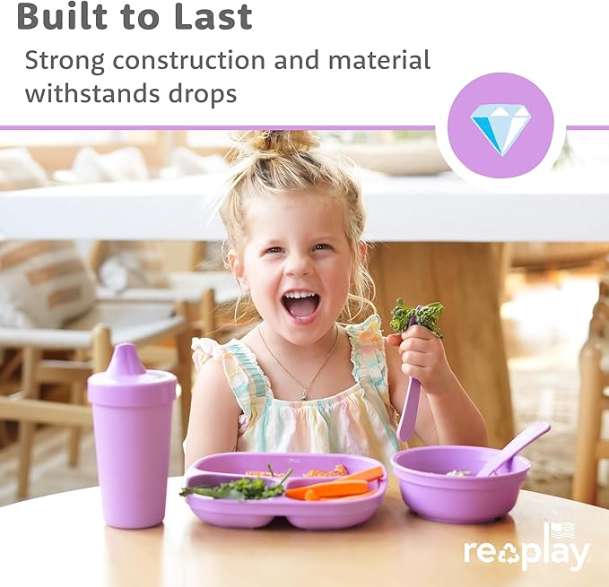 Re-Play Toddler Plates with Dividers - Deep-Walled 3 Compartments Divided Plates for Kids with 3 Lids - Dishwasher & Microwave Safe - Made in USA - Set of 3-7.37" x 7.37" x 1.25" - Bluesy