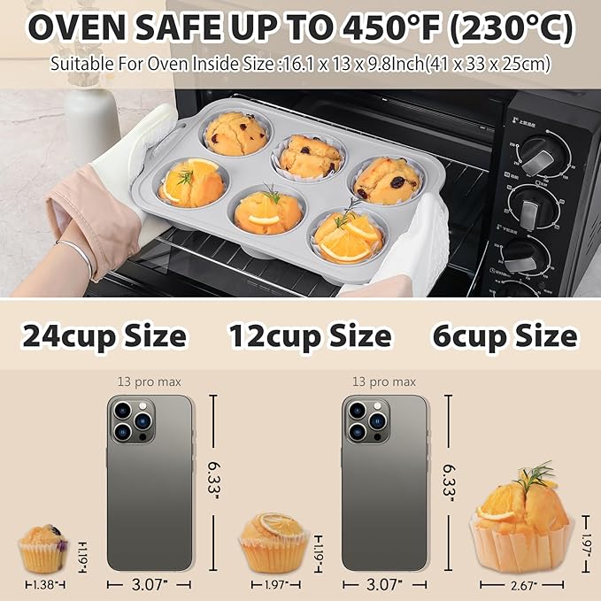 Jumbo Silicone Muffin Pan with Metal Frame, Non Stick Silicone Cupcake Pan with Handles 6 Cup, BPA Free Silicon Muffin Tin Tray Extra Large for baking, egg bites, Cupcake Mold Light Grey