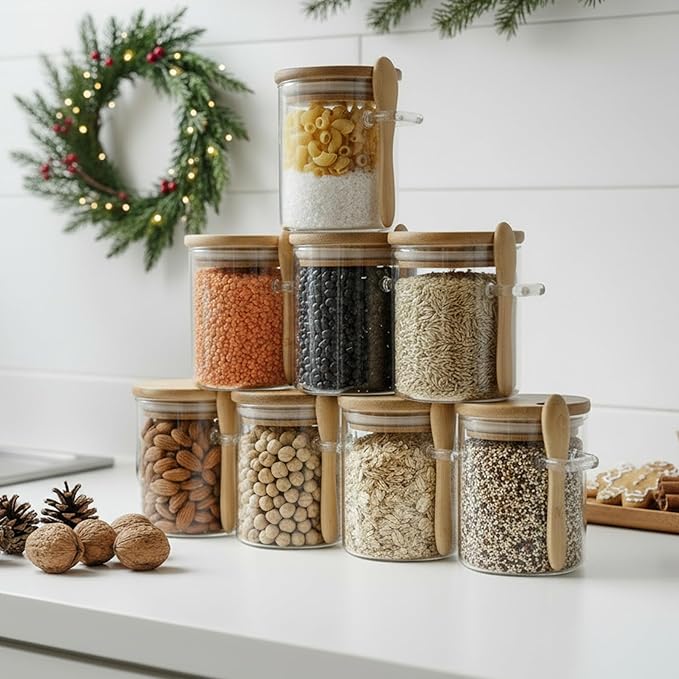 7.6 oz Airtight Mini Glass Jars with Bamboo Lids and Bamboo Spoons, Spice Jars Small Food Storage Containers for Kitchen, Bathroom, Home Decor Set of 8