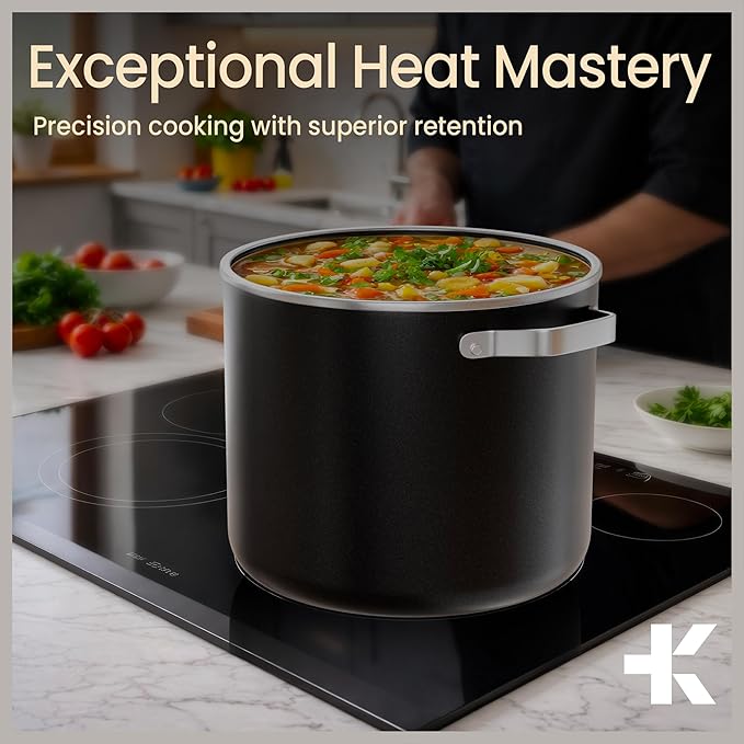Bakken 12.5 Quart Ceramic Coated Stock Pot with Lid, Easy Clean Nonstick Pot, Tempered Glass Lid, Riveted Stainless Steel Handles, Oven Safe Up To 500°F, PTFE & PFAS Free, All Stove Compatible, Black