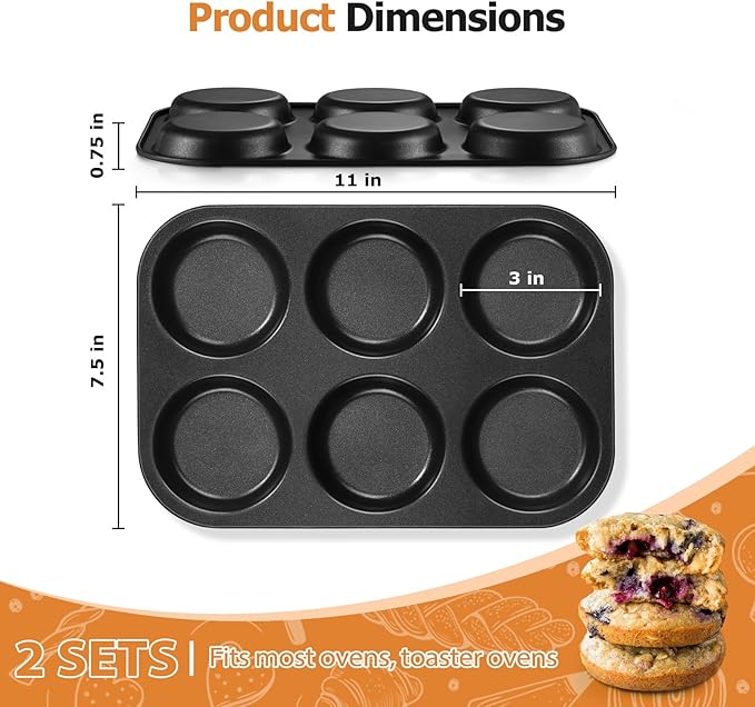 E-far Muffin Top Pan Set of 2, Nonstick 6-Cavity Shallow Cupcake Pan for Baking Whoopie Pie, Yorkshire Pudding, Eggs, Cornbread, Drop Cookies, Easy Release & Clean, 3-Inch Standard Size