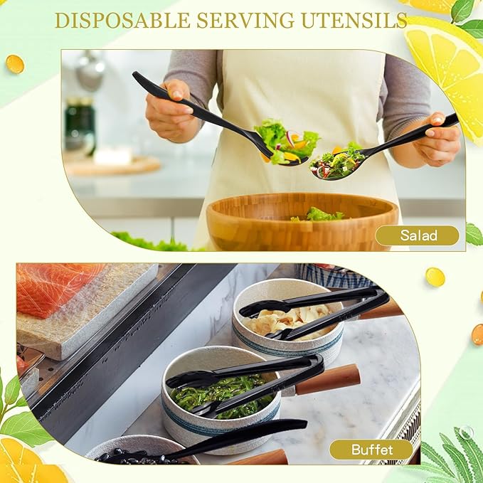 Mwellewm 18Pcs Serving Utensils, 10'' Plastic Serving Utensils Set, Disposable Serving Spoons for Buffet, Large Serving Tongs for Food, Heavy Duty Party Supplies for Salad Soup Cooking Catering(Black)