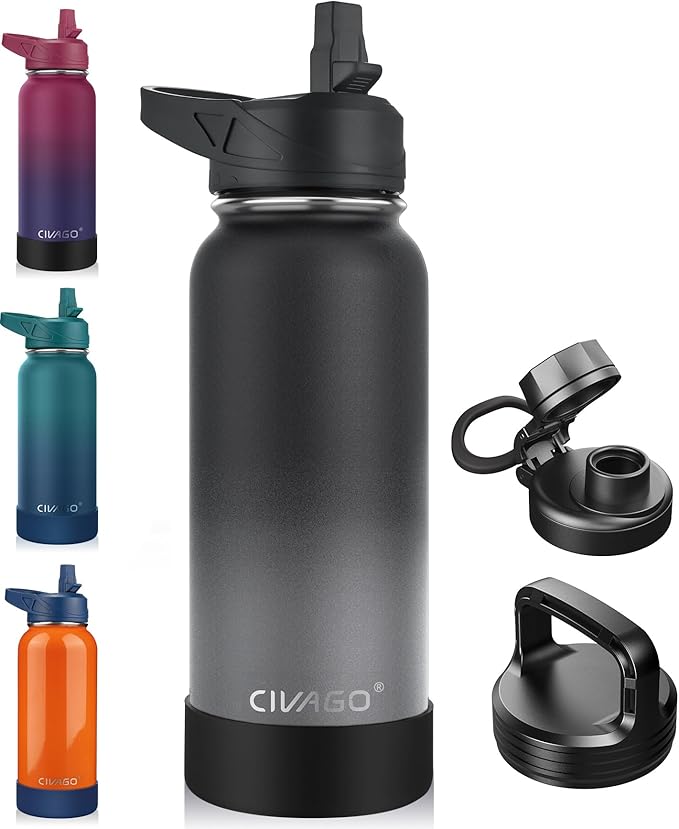 CIVAGO 32 oz Insulated Water Bottle With Straw, Stainless Steel Sports Water Cup Flask with 3 Lids (Straw, Spout and Handle Lid), Wide Mouth Travel Thermal Mug, Classic Omber Gray