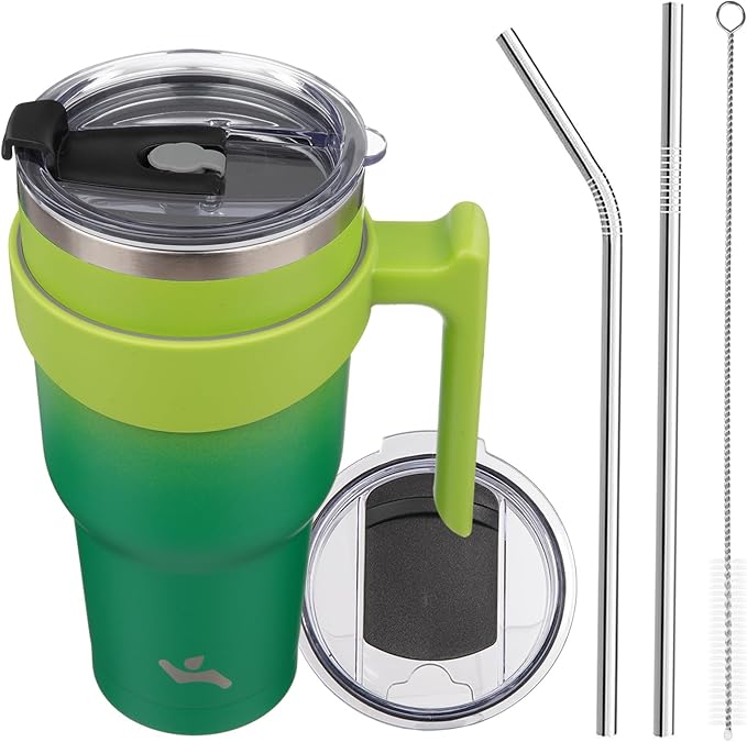 40 oz Tumbler with Handle and 2 Straw 2 Lid, Insulated Water Bottle Stainless Steel Vacuum Cup Reusable Travel Mug,Matcha Green