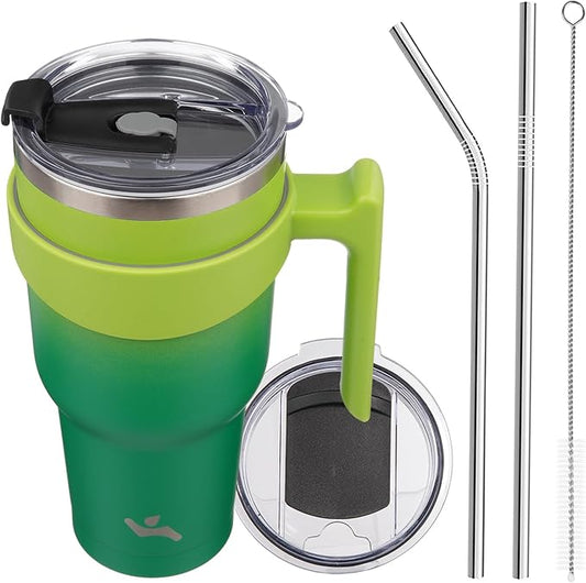 40 oz Tumbler with Handle and 2 Straw 2 Lid, Insulated Water Bottle Stainless Steel Vacuum Cup Reusable Travel Mug,Matcha Green