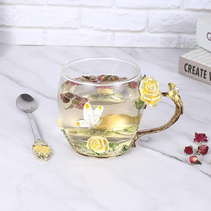 SUQ I OME Enamel Rose and Butterfly Flower Glass Tea Cup, Valentine Gifts For Women,Wife, Friend for Valentines Wedding, Women's day, Engagement, Yellow Rose,11 oz
