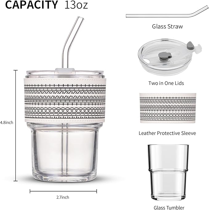 13oz/400ml Glass Water Tumbler with Straw and Lid Sealed Carry on Thick Wall Iced Coffee Cup for Water, Iced Tea, Fruit Juice