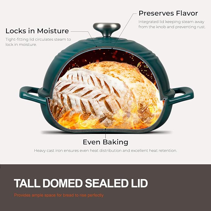Overmont Enameled Cast Iron Bread Oven - 6QT Bread Dutch Oven for Sourdough Bread Baking - Bread Pot with Dome Lid Cotton Potholders & Cookbook - Multi-Functional Bread Pan For Baking Frying Roasting