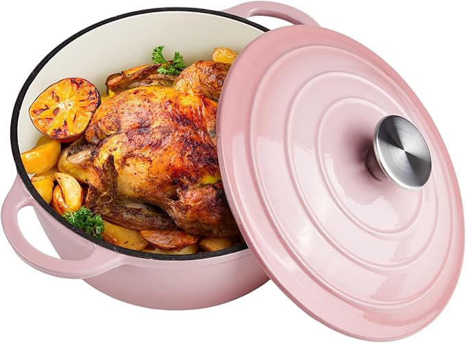6 Quart Dutch Oven Enameled Cast Iron with Lid - Big Dual Handles - Oven Safe up to 500°F - Classic Round Pot for Versatile Cooking Pink
