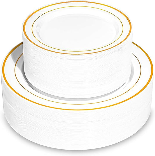 100PCS Gold Plastic Plates, Disposable Party Plates with Gold Rim, Include 50 Dinner Plate and 50 Elegant Dessert Plate for Party and Wedding