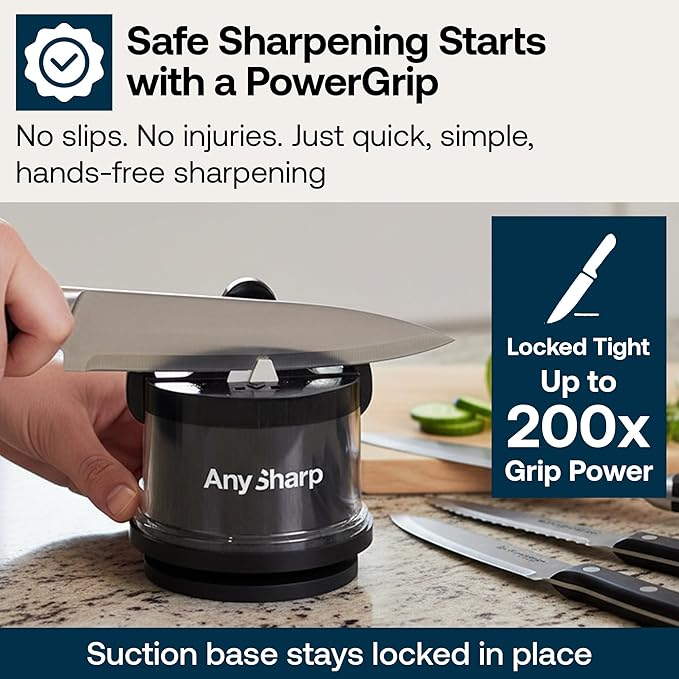 AnySharp – Pro – Hands Free Knife Sharpener - Easy to Use Sharpening Tool with PowerGrip Suction Base and 20-Degree Pre-Set Angle - for All Knives: Chef's, Serrated, and Hardened Steel - Matte Red