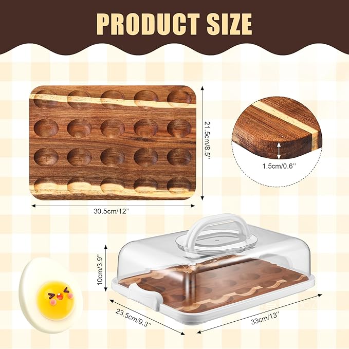 Baderke Easter Gift Acacia Wood Deviled Egg Platter with Lid Base 20 Holes 12 x 8.5 Inch Round Deviled Egg Tray Reversible Charcuterie Board Wooden Eggs Holder Serving Container for Countertop(White)