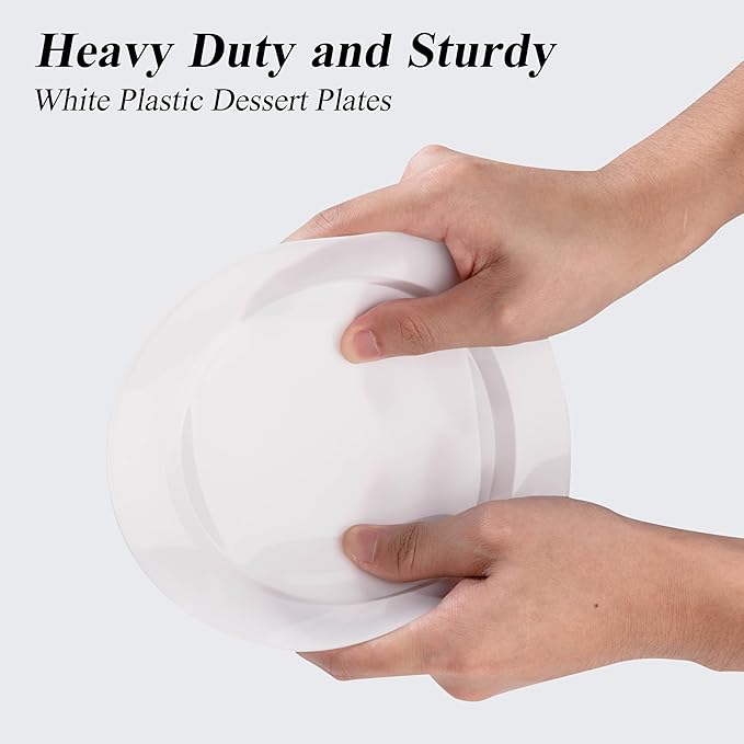 100PCS White Plastic Dessert Plates 7inch, Premium Hard Disposable Plates for Party, Wedding