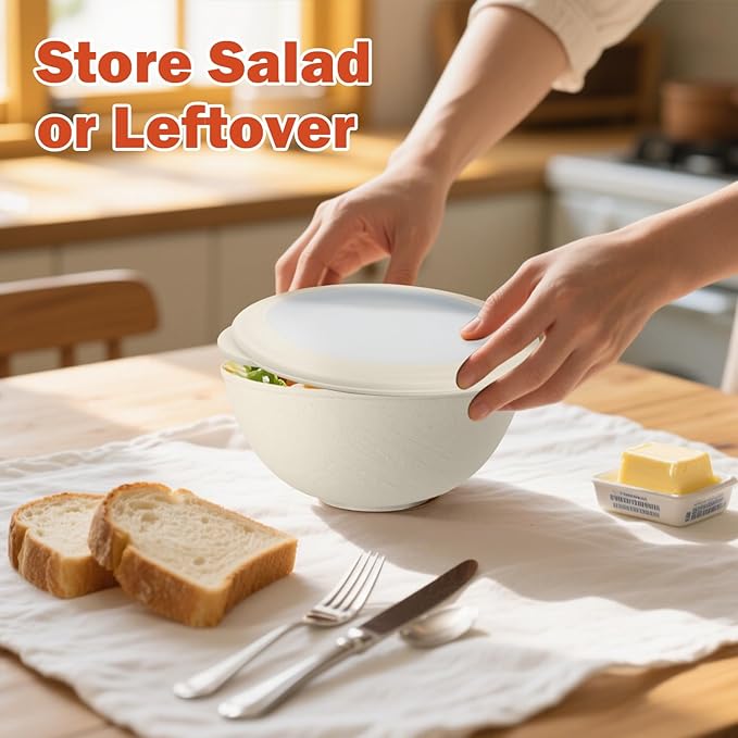Wrova Wheat Straw Bowls with Lids Set of 4, Unbreakable Cereal Bowls 40oz, Microwavable Salad Container for Lunch Alternative to Plastic Bowl, Dishwasher Safe Bowl for Kitchen & Outdoor-Beige