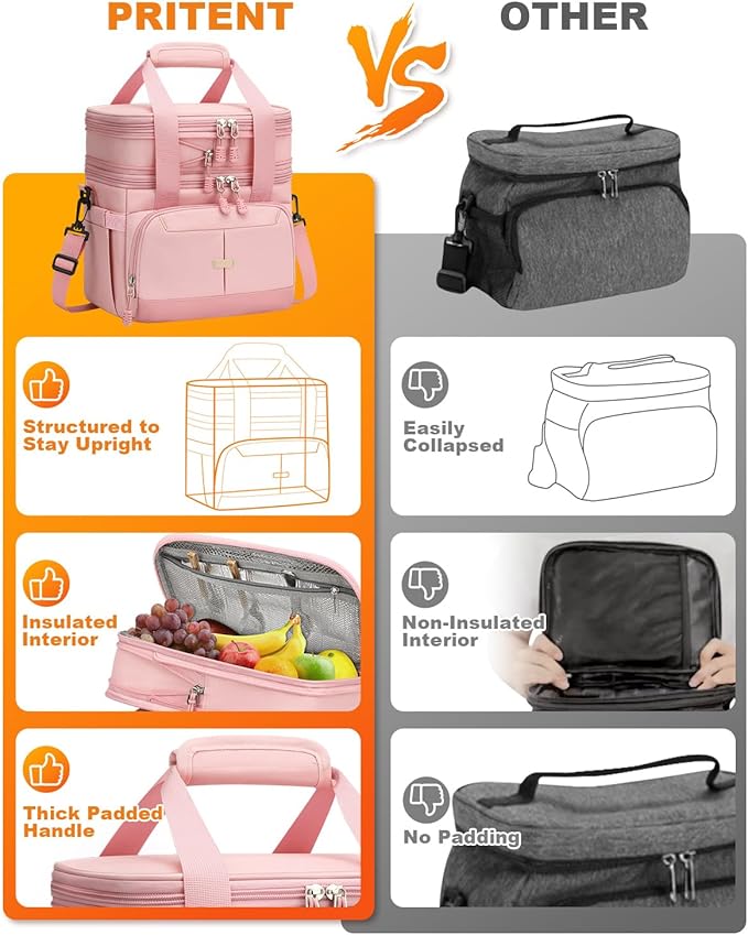 Lunch Box For Men Women Double Deck Insulated Lunch Bag For Men Woman Leakproof Expandable Cooler Bag with Adjustable Shoulder Strap for Kids Shool Work Picnic Camping(Pink,Large)