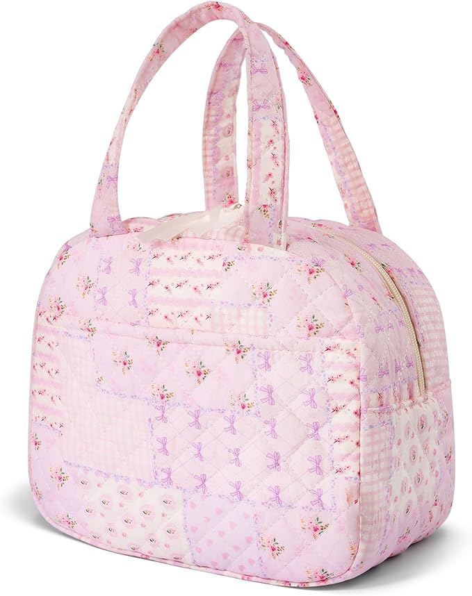 Quilted Lunch Box for Women,Coquette Aesthetic Lunch Box for Teen Girls,Cute Floral Lunch Bags for Work, School,Office,Picnic,Travel (purple pin)