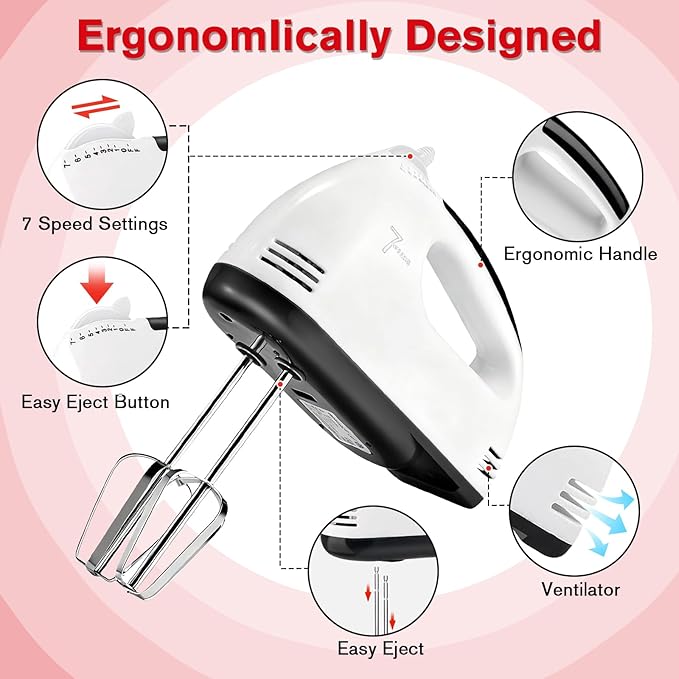 Electric Hand mixer - 7 Speeds Handheld Mixer Electric Whisk with 4 Large Mixing Bowls Set & Stainless Steel Metal Nesting Bowl Measuring Cups Spoons, Turbo Boost Food Beater for Cakes Eggs