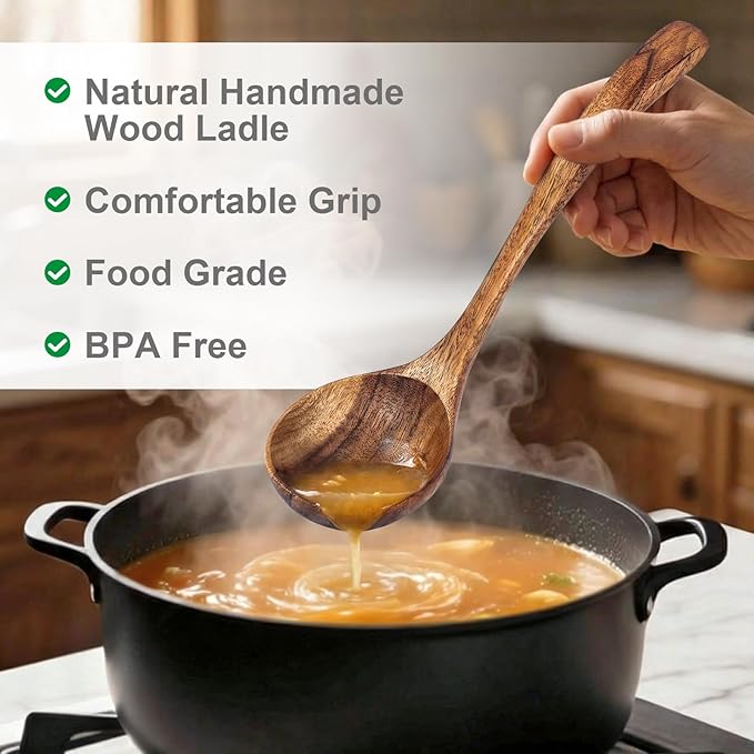 Wooden Soup Ladle, Non-Toxic Non-Scratch Natural Acacia Wood Serving Spoon for Soup, Gravy, Sauces & Porridge, Ideal for Home Dining, Buffets & Daily Meals, 7.48 Inch