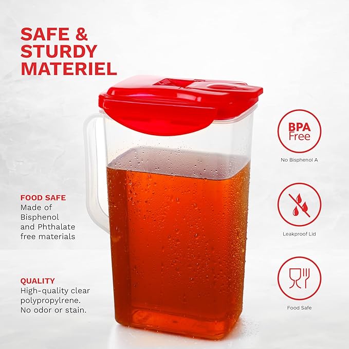 Pitcher 50 Oz. | Plastic Pitcher with Lid | Jug for Fridge | Juice Container with Lid | Iced Tea Pitcher | Airtight Pitcher with Spout Perfect for Lemonade, Water. BPA Free, Red (Small))