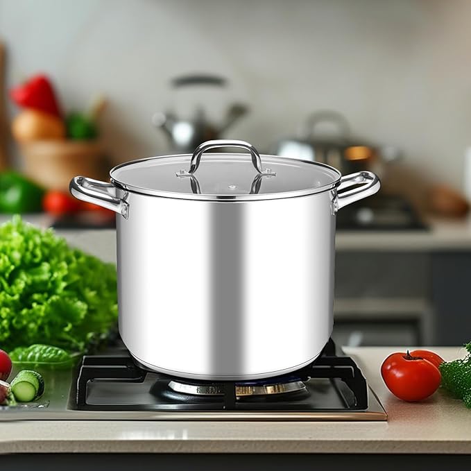 Leonyo Stainless Steel Stock Pot, 24QT Large Pot For Cooking, 18/10 Stockpot with Glass Lid for Stewing Simmering Boiling, Heavy-Duty 3-ply Bottom for All Stoves, Dishwasher Safe & Food Grade Cookware