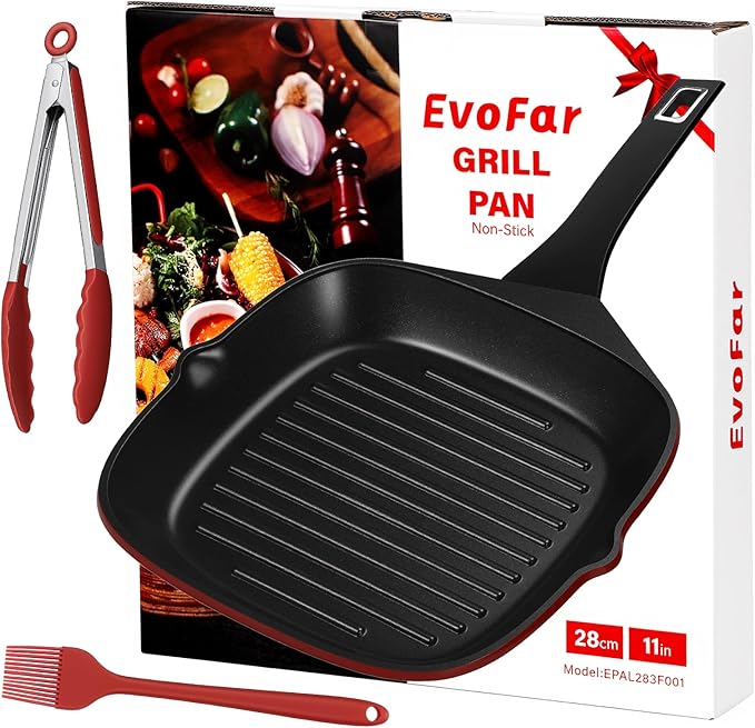 11 Inch Nonstick Grill Pan, Square Large Grilling Skillet Steak Pan for Stove Tops, Granite Coating Grill Skillet with Pour Spouts, PTFE & PFOA Free, Durable Grilling Pan for Indoor & Outdoor