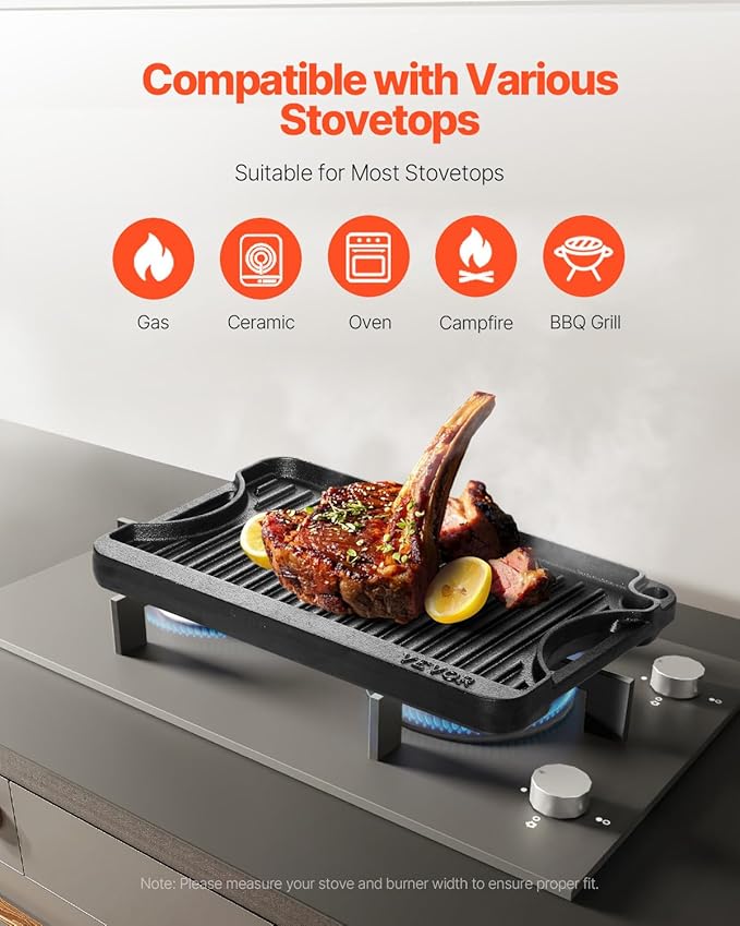 VEVOR Reversible Grill/Griddle, 14x8.5 inch Pre-Seasoned Cast Iron Griddle, Portable Rectangular Pan with Handle, Family Cookware for Indoor/Outdoor Stove Top Burner, Gas, Camping BBQ, Black