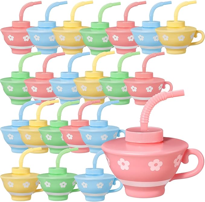 Zhehao 24 Pieces Plastic Tea Cups with Lids and Straws for Kids Tea Party 9 oz Reusable Disposable Party Teacups Bulk for Spring Birthday Baby Shower Princess Decorations