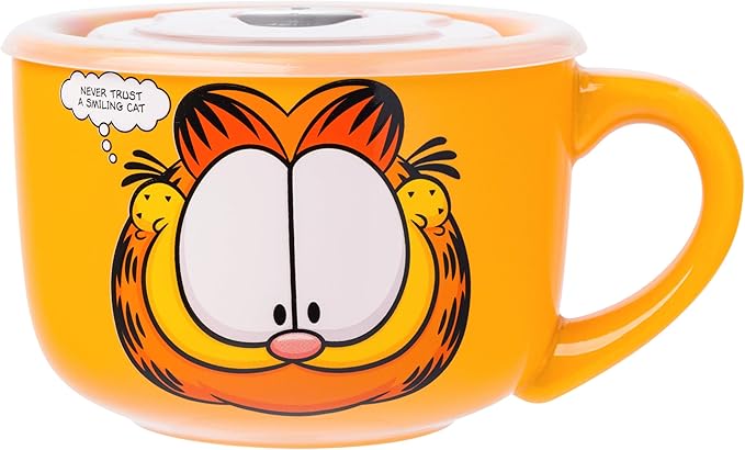 Silver Buffalo Garfield Never Trust a Smiling Cat Featuring Odie, Arlene, Nermal, and Pooky Ceramic Soup Mug with Vented Plastic Lid, 24 Ounces