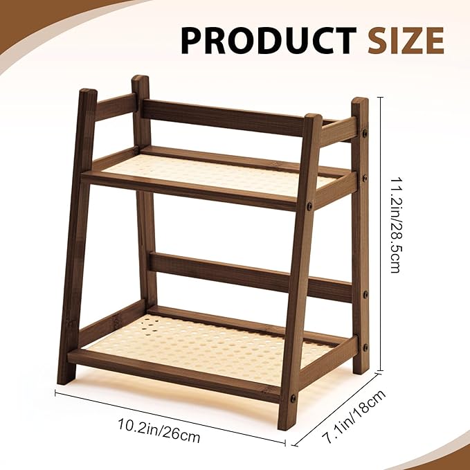 1 Pcs 2 Tier Matcha Station Shelf Bamboo Coffee Mug Stand Countertop Storage Rack, Double Layer Rattan Office Cup, Kitchen, Tea, Plant, Bar Accessories Condiment Display(Brown,10.2 Inch)