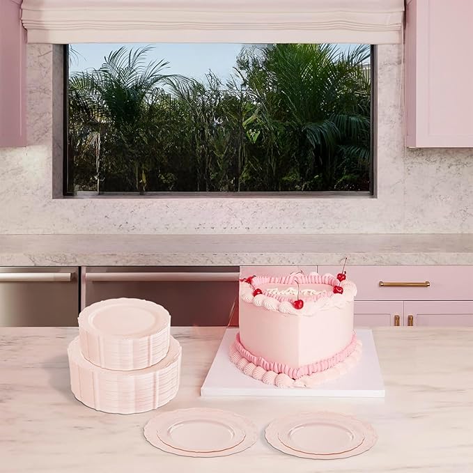 U-QE 100PCS Mauve Pink Plastic Plates for Party - Plastic Plates Disposable Heavy Duty - Pink Easter Plates for Party Including 50PCS 10.25'' &50PCS 7.5''